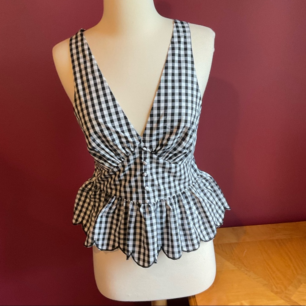 Express black and white gingham cross cross strap peplum top NWT